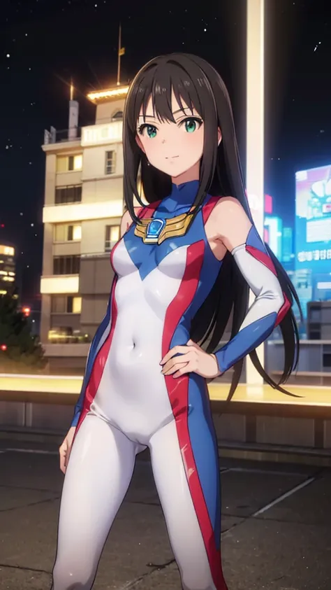 (masterpiece、Highest quality、In 8K、High resolution:1.2)、alone、One Girl、 Rin Shibuya, smile、Tight clothes、Cowboy Shot、Hands on hips、Look at the viewers、smile、Hero Suit、Bodysuits、Tight suit、(Hmph :1.0), ウルトラマンBodysuituscular、Trained abdominal muscles、Trained...