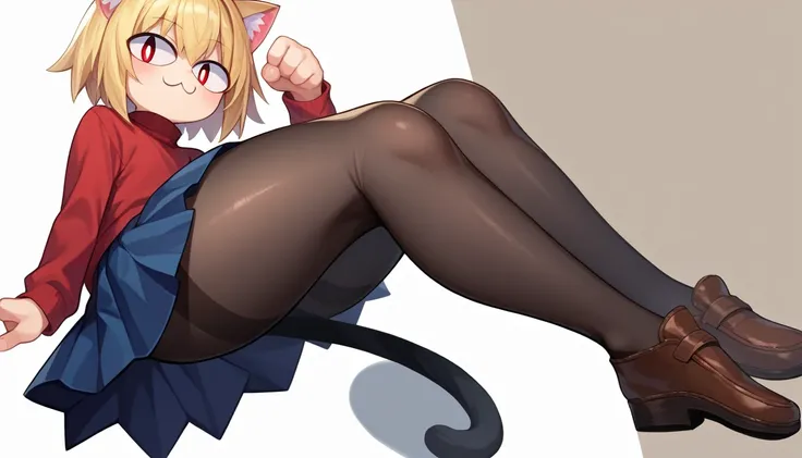 score_9, score_8_up, score_7_up, score_6_up, score_5_up, score_4_up, BREAK, 1boy, solo, necoarc, lit pupils, cat ears, blonde hair, red eyes, :3, turtleneck, blue skirt, pleated skirt, pantyhose, brown footwear, highlight thighs, thick thighs, neco arc pos...