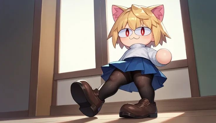 score_9, score_8_up, score_7_up, score_6_up, score_5_up, score_4_up, BREAK, 1boy, solo, necoarc, lit pupils, cat ears, blonde hair, red eyes, :3, turtleneck, blue skirt, pleated skirt, pantyhose, brown footwear, highlight thighs, thick thighs, neco arc pos...