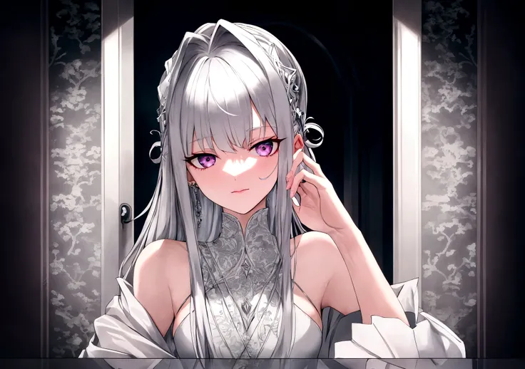 Vertin from reverse 1999, silver hair,  silver eyes, uses white closet