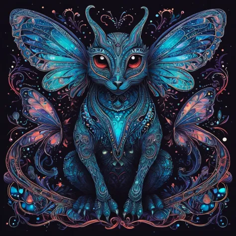 Create a visually stunning and captivating representation of never-before-seen magical creatures from Mars. These creatures are both cute and dark, with a unique bioluminescent quality. The design should incorporate elements of zentangle art, with intricat...