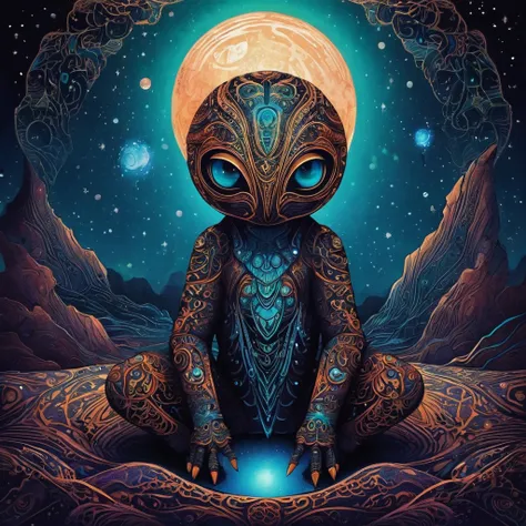 Create a visually stunning and captivating representation of never-before-seen magical creatures from Mars. These creatures are both cute and dark, with a unique bioluminescent quality. The design should incorporate elements of zentangle art, with intricat...