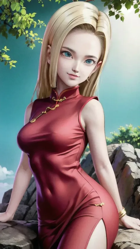 android 18,blonde hair,(((long hair))),blue eyes,(long slit red sexy cheongsam), (Red),looking at the audience,face smile,close-up portrait,river,rock,tree,blue sky,high quality,masterpiece,sexy body, sexy Red Dress, red,perfect big breasts