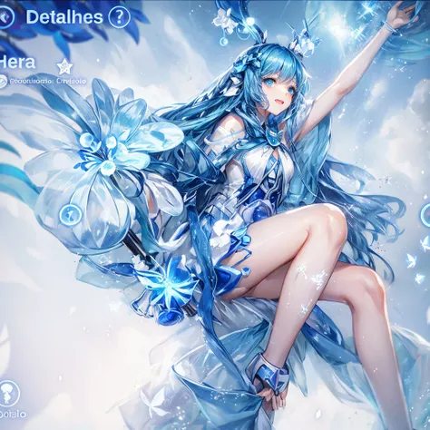 A young woman with long blue hair, wearing a white and blue winter outfit, sits on a branch with a large blue flower, her hand reaching out to the sky. She has a playful expression on her face and is surrounded by a magical aura.

[Anime style, vibrant col...