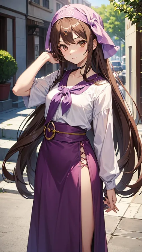 An anime girl in a lavender Clan outfit, with long, loose brown hair and brown eyes and a bandana on her forehead 