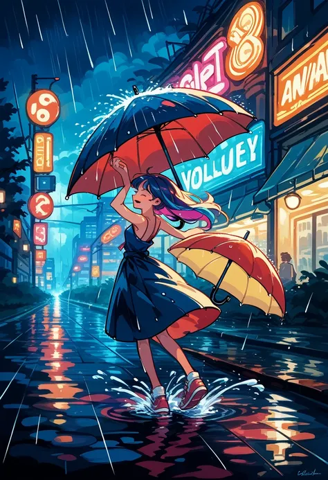 vibrant, colorful, whimsical, romantic, joyful, carefree, dancing, rain, umbrella, city street, night, neon lights, reflections, puddles, splashing, movement, energy, , happiness, Gene Kelly, Singin in the Rain, nostalgic, classic, Hollywood, musical, icon...