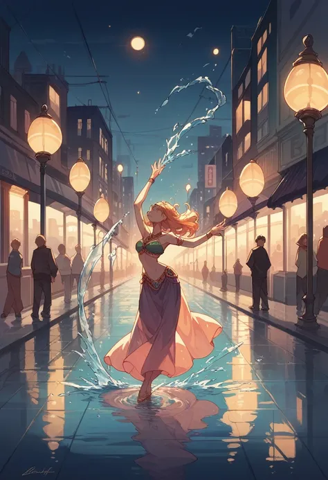 high quality, highly detailed, dancer, graceful, elegant pose, joy, , city streets, reflections, puddles, splashing water, dynamic movement, nighttime, soft streetlights, glistening raindrops, dramatic lighting,