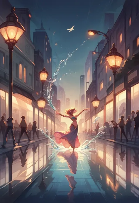 high quality, highly detailed, dancer, graceful, elegant pose, joy, , city streets, reflections, puddles, splashing water, dynamic movement, nighttime, soft streetlights, glistening raindrops, dramatic lighting,