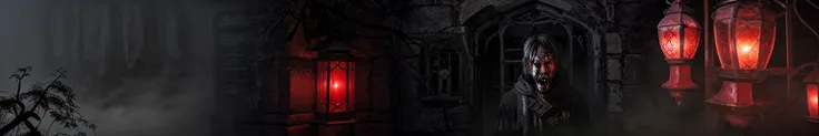 Scared man, man in haunted castle, Scary Castle, horror, red glow, fog, fogность, The light from the lantern