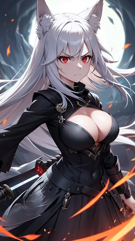 An adult woman half fox and wolf, wide breasts, red eyes, white hair, very angry, in a black little open dress, holding a sword