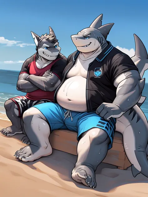 (New Jersey 5) anthro,Shark ,Chubby,Fat,Thick arms,) Rugged muscles,(((White skin))),Solitary,Chubby Face,Sky blue eyes,(sweat),(smirk:1.2),(Shark is sitting next to the other shark showing his feet pointing at them)
BREAK
(Another anthro Shark, Black, smi...