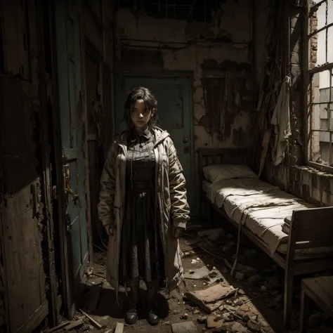 A horror girl wearing a straitjacket, in the background a sinister and dilapidated asylum