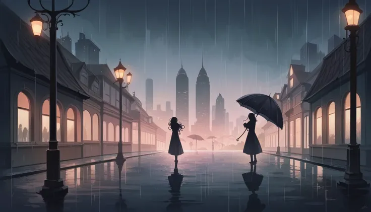 masterpiece, highly detailed, cinematic, 4k resolution, stunning, breathtaking, dramatic, Dancing in the Rain, impressionistic, woman, silhouette, cityscape, soft light, joyful, romantic, flowing hair, smiling, umbrella, streetlight, nostalgic, no blurry, ...