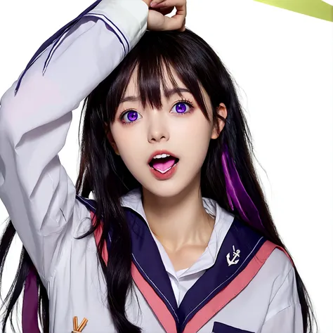 1girl, solo, long hair, looking at viewer, open mouth, bangs, simple background, shirt, black hair, long sleeves, white background, very long hair, school uniform, purple eyes, white shirt, upper body, purple hair, ahoge, multicolored hair, teeth, serafuku...