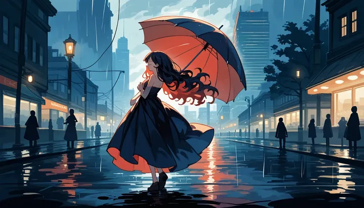 masterpiece, highly detailed, cinematic, 4k resolution, stunning, breathtaking, dramatic, Dancing in the Rain, impressionistic, woman, silhouette, cityscape, soft light, joyful, romantic, flowing hair, smiling, umbrella, streetlight, nostalgic, no blurry, ...