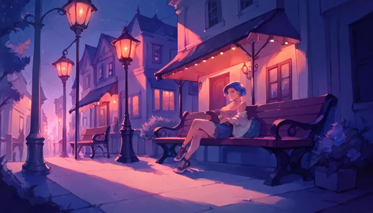 score_9, score_8_up, score_7_up, by rella, a girl sitting on a bench looking out in the night, dark, nighttime, illuminated by a...