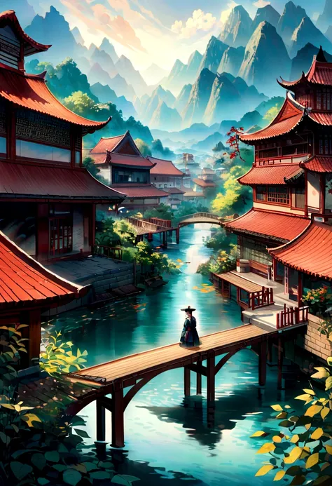 This painting presents a very realistic and extremely detailed work of Chinese landscape，Created by artist Aleksandar Popov。The painting stands out for its nuanced depiction。A vibrant and vibrant Chinese scene is shown，Including mountains、Rivers and buildi...