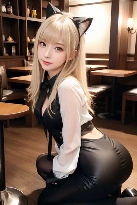 Fantasy Background, Cafe RPG Style, Empty chair, table, ティーグラスセットdetailedな顔と肌の質感, Beautiful woman, Blonde middlehair, cat suit((Highest quality)), ((masterpiece)), (detailed), One girl, sexy (Adult: 1.6), Leg spread, Butt sticking out, 8K,On all fours, Bab...