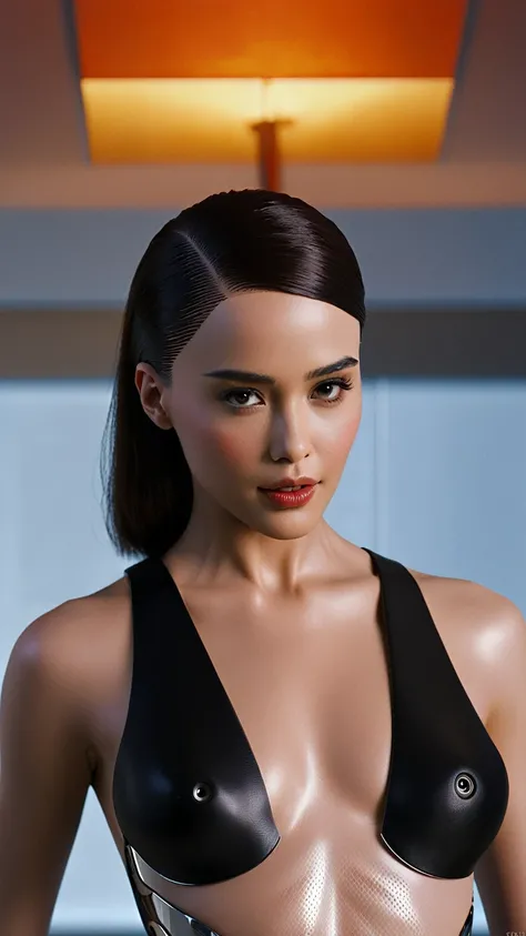 "Design a stunning and alluring sexy female humanoid AI robot inspired by the film Ex Machina. The robot should have a face resembling that of an extremely gorgeous lady, with human-like, realistic skin. Ensure that the skin texture is detailed and beautif...