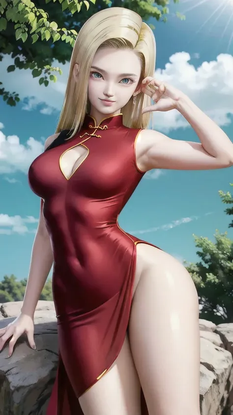 android 18,blonde hair,(((long hair))),blue eyes,(long slit red sexy cheongsam), (Red),looking at the audience,face smile,close-up,river,rock,tree,blue sky,high quality,masterpiece,sexy body, sexy Red Dress, red,perfect big breasts