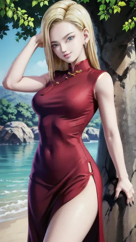 android 18,blonde hair,(((long hair))),blue eyes,(long slit red sexy cheongsam), (Red),looking at the audience,face smile,close-up,river,rock,tree,blue sky,high quality,masterpiece,sexy body, sexy Red Dress, red,perfect big breasts