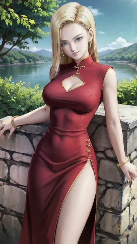 android 18,blonde hair,(((long hair))),blue eyes,(long slit red sexy cheongsam), (Red),looking at the audience,face smile,close-up,river,rock,tree,blue sky,high quality,masterpiece,sexy body, sexy Red Dress, red,perfect big breasts