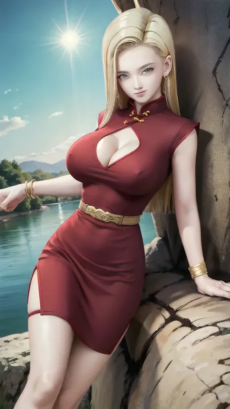 android 18,blonde hair,(((long hair))),blue eyes,(long slit red sexy cheongsam), (Red),looking at the audience,face smile,close-up,river,rock,tree,blue sky,high quality,masterpiece,sexy body, sexy Red Dress, red,perfect big breasts