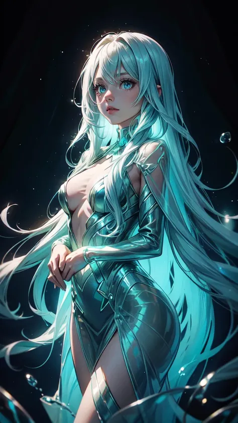 drawing of a cute young woman, long flowing hair, transparent bioluminescent glowing body, on a deep dark background, Glassmorphisom, 32k por AiLove, uncanny
