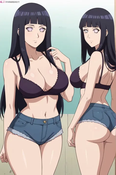 score_9, 1girl,solo, large breasts, (hinata, hyuuga hinata, purple eyes, blunt bangs, black hair) big breasts, perfect breasts, large breasts, round breasts, sexy body, slim waist, nice hips, skinny, nice thighs, short shorts, tiny shorts, micro shorts, bl...