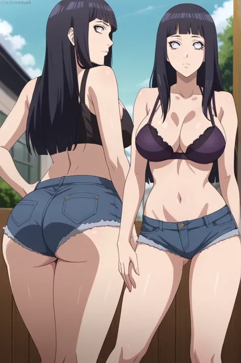 score_9, 1girl,solo, large breasts, (hinata, hyuuga hinata, purple eyes, blunt bangs, black hair) big breasts, perfect breasts, large breasts, round breasts, sexy body, slim waist, nice hips, skinny, nice thighs, short shorts, tiny shorts, micro shorts, bl...