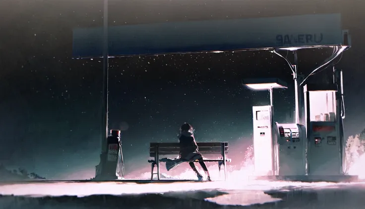 score_9, score_8_up, score_7_up, by rella, a girl sitting on a bench looking out in the night, sitting in a gas station, dark, nighttime, viewed from the back, spotlight on the girl, illuminated by a street light, blue colors, somber, peaceful, masterpiece...