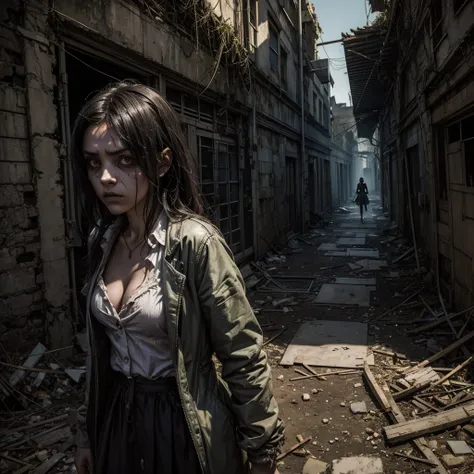 An undead girl wearing a straitjacket, in the background a sinister and dilapidated asylum