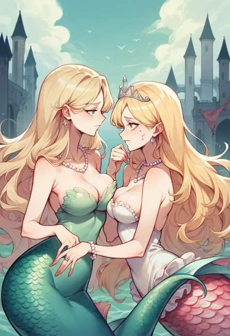 Blonde Barbie doll with mermaid tail, blonde hair and princess tiara behind a royal castle in an ocean with bloody waters and a dead pink seahorse next to it and shells with open pearls with pearl necklaces and rings with bloodstains