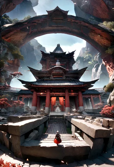 Chinese Legend，Mountain and Sea Sutra，Masterpiece，Best Picture Quality，Very Detailed，Temple Monastery，Very detailed，Delicate 8K，render OC，Dynamic view