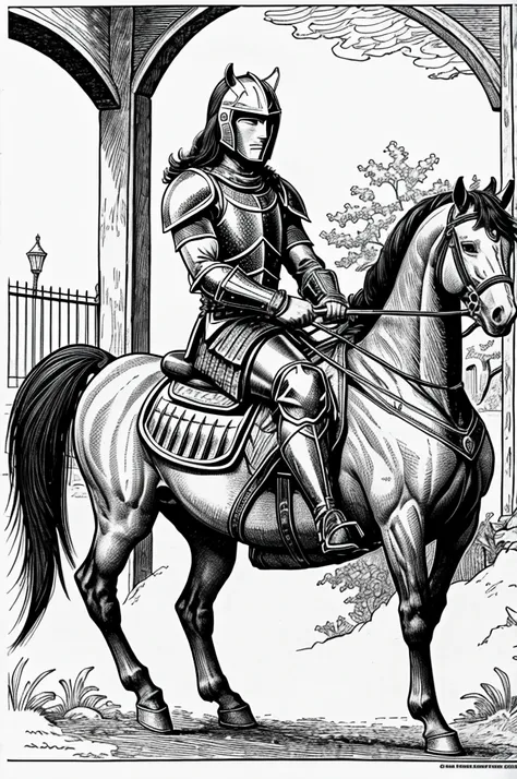 Knight riding a muscular horse holding sword colouring pages 
