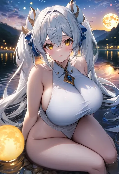 detailed white kitsune, long white ears, highly detailed yellow eyes, sitting on a rock by lake shore, huge dazzling blue moon reflecting in lake, 8k, mature woman, white towel, multiple white tails, very sexy figure, big breasts, beautiful detailed eyes, ...