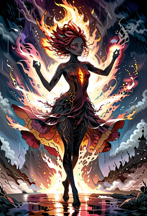 a sorceress of fire making fire dance in a the (storm of rain: 1.3), a most exquisite beautiful sorceress, controlling fire mani...