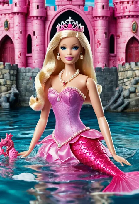 Blonde Barbie doll with mermaid tail, blonde hair and princess tiara behind a royal castle in an ocean with bloody waters and a dead pink seahorse next to it and shells with open pearls with pearl necklaces and rings with bloodstains