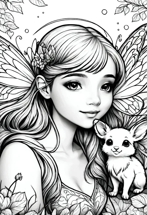 (a black and white coloring book:1.5), a mischievous fairy playing with woodland animals in a sunlit glade, clean line art, whit...