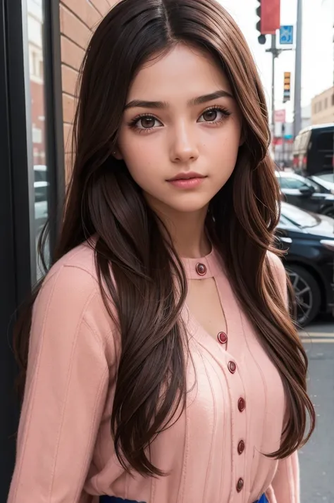 a girl from spiderman, con mascara, long brown hair, looking to the camera