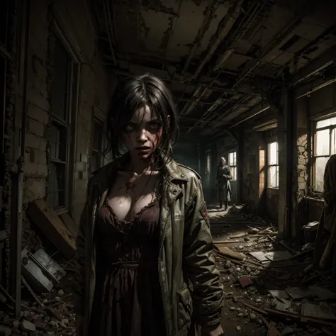 A zombie girl wearing a straitjacket, in the background a sinister and dilapidated asylum