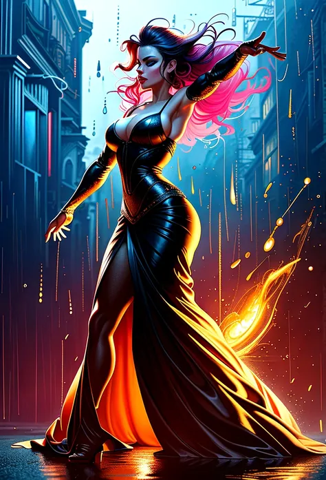 a sorceress of fire making fire dance in a the (storm of rain: 1.3), a most exquisite beautiful sorceress, controlling fire mani...