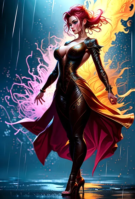 a sorceress of fire making fire dance in a the (storm of rain: 1.3), a most exquisite beautiful sorceress, controlling fire manipulating fire, a woman, dynamic hair color, dynamic hair style, (most beautiful face: 1.3), (ultra detailed face: 1.2), wet hair...