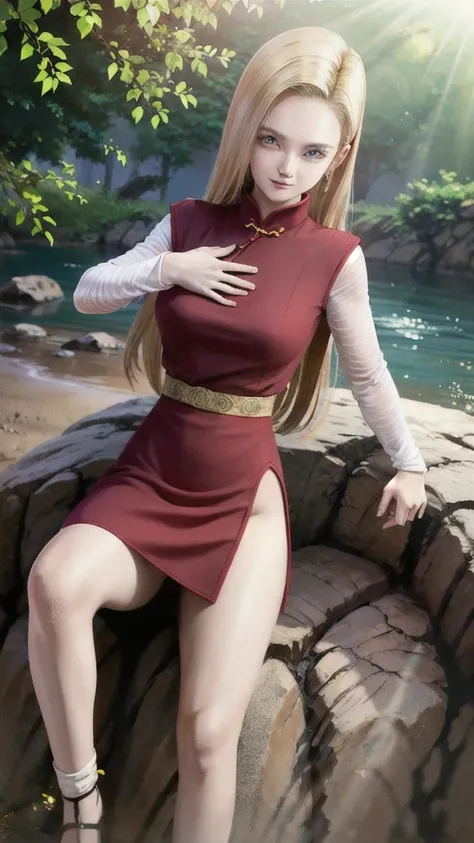 android 18,blonde hair,(((long hair))),blue eyes,(long slit red sexy cheongsam), (Red),looking at the audience,face smile,close-up,river,rock,tree,blue sky,high quality,masterpiece,sexy body, sexy Red Dress, red,perfect big breasts, Hyperrealistic intricat...