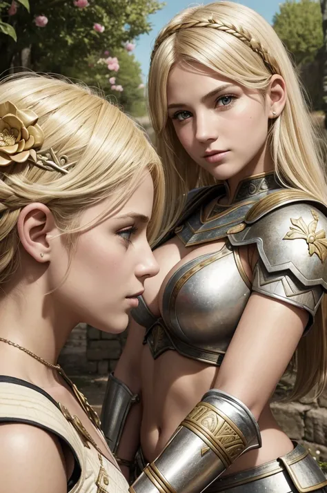 mother and daughter portrait break: mature woman, roman warrior, queens blade , mature, blonde, detailed face, curvy, fighter position, break: teen girl, roman warrior, princess blade , 13 years old, teenager girl, small breasts, mini cropped, valkyrian pr...