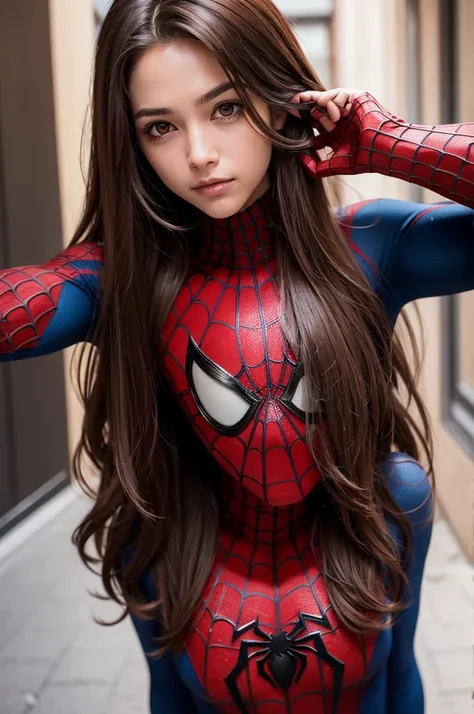 A photograph of spiderman, con mascara, long brown hair, looking to the camera