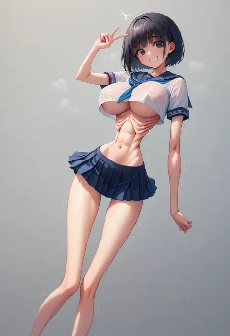 (masterpiece, best quality:1.2), front shot, beautiful 1girl, (super big breasts, micro waist, very long legs:1.4), Black hair, short bob hair, short height, scrawny and thin body, (retraction of abdomen:1.3), Light Skin, cute big eyes, cute beautiful thin...