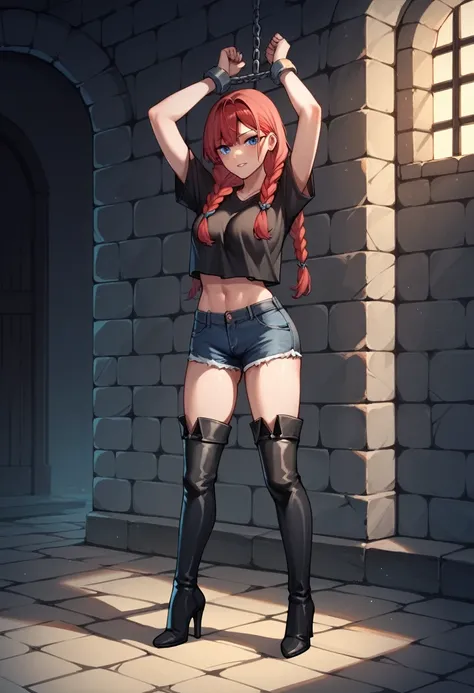 score_9, score_8_up, score_7_up, score_6_up, score_5_up, score_4_up, source_anime, 1girl, red hair, braids, blue eyes, w-w-chain, shackles arms, long hair, black shirt, jeans shorts, thigh high boots, black boots, heels, night, dungeon, best quality, best ...