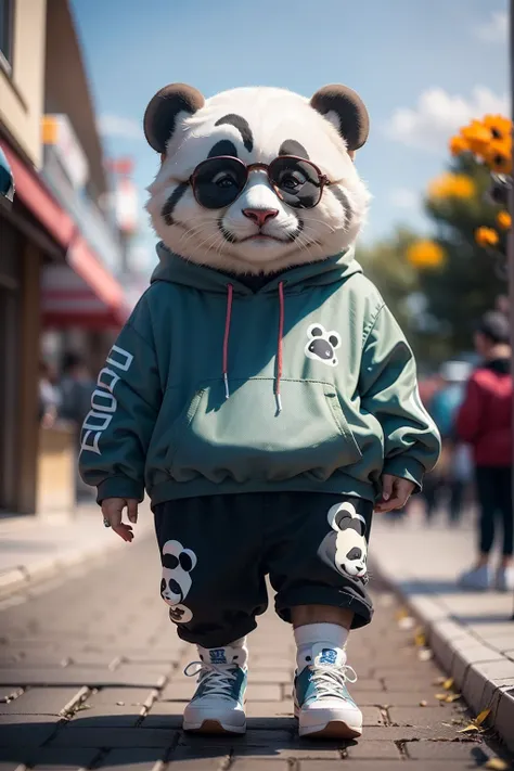 High resolution,超High resolution,8K,Very detailed,Realistic,photo-Realistic:1.37),Highest quality,masterpiece,pressure,shoes,sneakers,(Panda:1.2),sunglasses,Blurred background,Blurred,alone,Outdoor,whole body,Depth of written boundary, blue sky