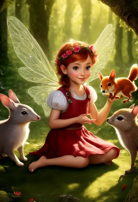 a mischievous fairy playing with woodland animals in a sunlit glade